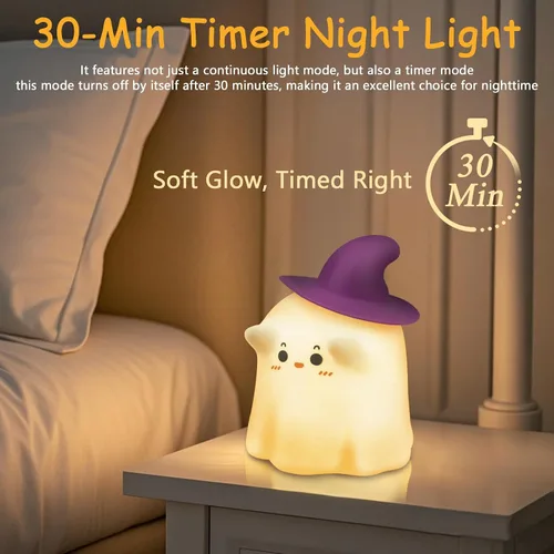 Vista 2 de Luz nocturna fantasma, luz nocturna de Halloween con temporizador, lámpara táctil suave y exprimible, lámpara recargable y regulable