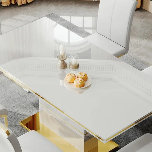 Vista 7 de Mesa de comedor moderna para 6 personas, mesa de comedor grande de cocina de 63 pulgadas con parte superior de laca para hornear, placa base de Mesa