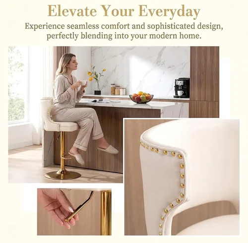Vista 3 de ROCITY Juego de 2 taburetes de bar color beige con respaldo de piel sintética con base dorada, isla de cocina moderna ajustable para comedor, barra