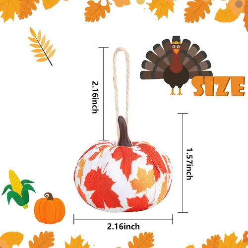Vista 2 de Wehhbtye 12 adornos colgantes de calabaza de Acción de Gracias, hoja de arce envuelta en tela de calabaza, bola de calabaza de búfalo naranja