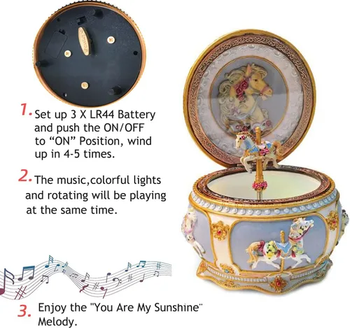 Vista 3 de You are My Sunshine Caja de Música Carrusel de Caballos y Unicornios Caja Musical con Sankyo de 18 Notas de Cuerda para Niños y Niñas Regalos
