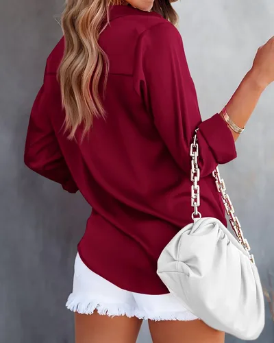 Vista 4 de BTFBM Camisas de satén con botones para mujer, manga larga, con solapa, cuello en V, holgadas, casuales, para el trabajo, verano, primavera, blusa