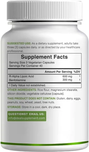 Vista 6 de DEAL SUPPLEMENT R Ácido alfa lipoico 600 mg con benfotiamina 300 mg por porción, 120 cápsulas vegetales – 200 mg de R-ALA por cápsula – Suplemento