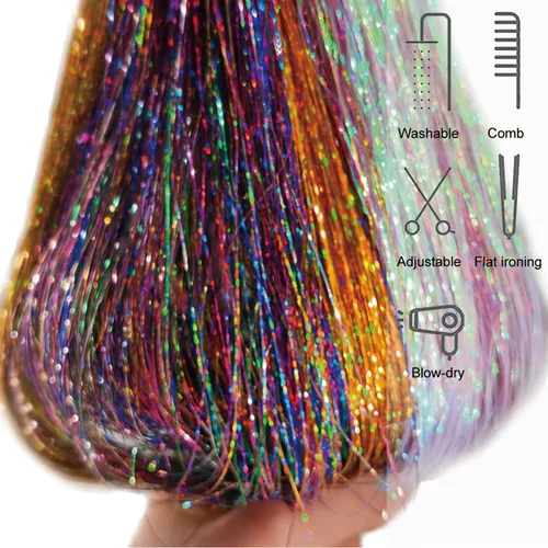 Vista 5 de Kit de oropel de cabello negro con herramienta, 6 piezas, 1200 hebras de extensiones de cabello de oropel con purpurina, resistentes al calor
