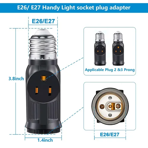 Vista 4 de 2 adaptadores de enchufe de luz de 3 clavijas, convertidor de enchufe de bombilla negra polarizada, bombillas E26/E27 a enchufe de 2/3 clavijas