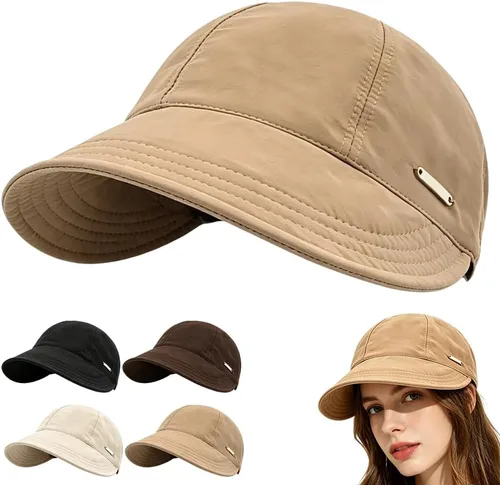 Vista 9 de Sombreros de sol UPF50+ para mujer, sombrero de pesca de ala ancha, gorra de protección UV con soporte para máscara, gorra de cola de caballo Beige