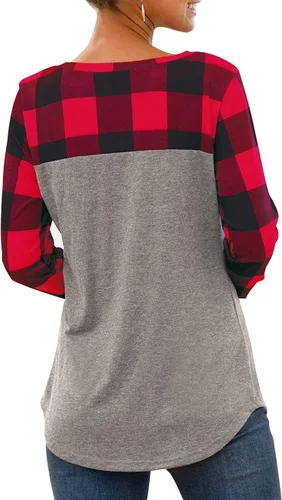 Vista 3 de Sudadera casual de manga larga para mujer, diseño de retazos a cuadros, holgada, con bolsillo de gamuza