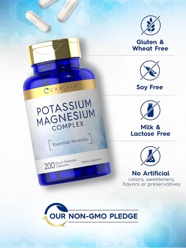 Vista 5 de Carlyle Suplemento de potasio y magnesio 200 cápsulas Complejo sin OMG y sin gluten