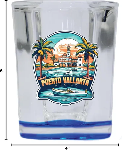 Vista 3 de Puerto Vallarta Mexico Design A Souvenir - Vaso de chupito cuadrado de 2.5 onzas, base azul individual