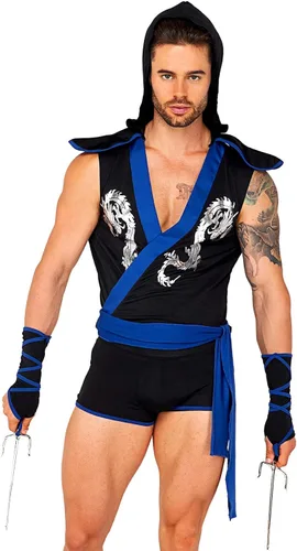 Vista 3 de Roma Costume Disfraz Ninja Warrior de 3 piezas para hombre, negroazul, talla M, NegroAzul, M