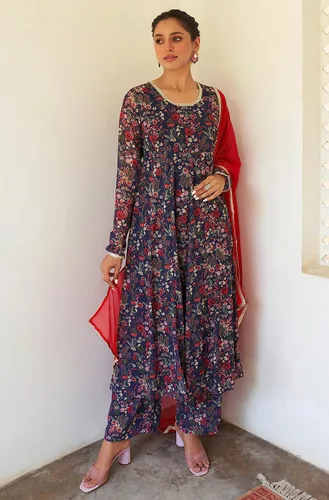 Vista 3 de Janasya Kurta con estampado floral digital Georgette azul oscuro para mujer con Palazzo y Dupatta