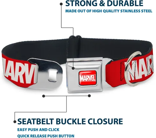 Vista 4 de Buckle-Down Collar de perro hebilla de cinturón de seguridad Marvel Red Brick Logo Rojo Blanco 9 a 15 pulgadas 1.0 pulgadas de ancho, multicolor