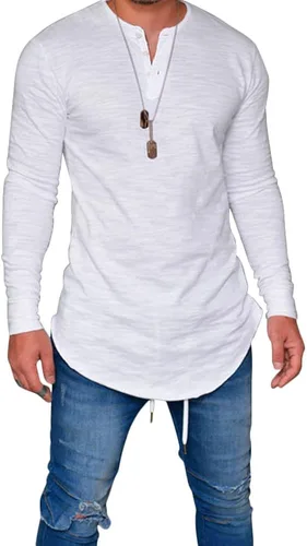 Vista 2 de LIWEIKE Camiseta de manga larga para hombre con dobladillo curvo y dobladillo curvo