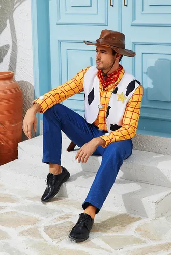 Vista 6 de LILLIWEEN Woody - Disfraz de vaquero para adultos, disfraz de sheriff para Halloween, disfraz de uniforme de Halloween
