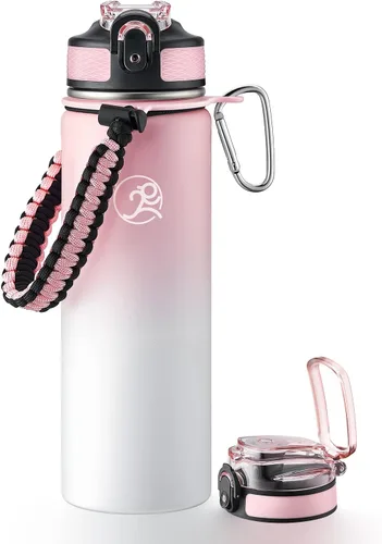 Vista 24 de GOSWAG - Botella de agua de viaje de acero inoxidable aislada de 24 onzas, 2 tapas with straw and no straw, Paracord handle, Double-wall vacuum
