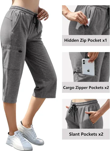 Vista 4 de SPECIALMAGIC Pantalones capri de yoga para mujer, pantalones capri cargo de pierna recta con 5 bolsillos