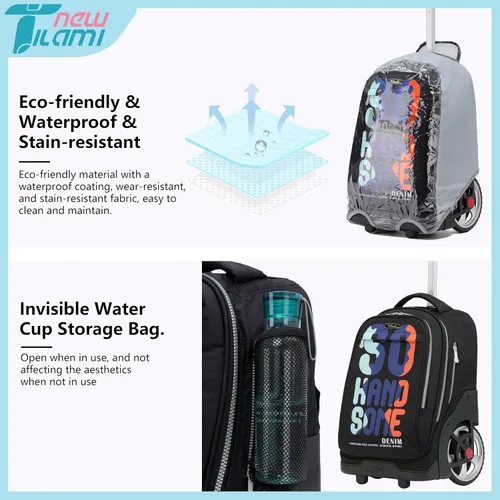 Vista 111 de NEW TILAMI Mochila con ruedas de 19 pulgadas con bolsa de almuerzo para niñas y niños, mochila para laptop con ruedas, bolsa de mano duradera