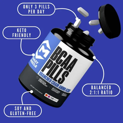 Vista 3 de Crazy Muscle Pastillas BCAA con la proporción perfecta 2:1:1 de aminoácidos de cadena ramificada suplemento – 1000 mg de BCAA por píldora