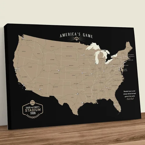 Vista 2 de HolyCowCanvas Mapa Rastreador de Estadios de Béisbol en Lienzo Personalizado con Chinchetas, Lista de Deseos de Parques, Regalo Personalizado