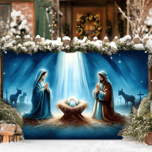 Vista 7 de BlissYard Fondo de Escena de la Natividad 71x43 Pulgadas Pancarta de la Escena del Pesebre de la Noche Santa Telón de Fondo Religioso Cristiano