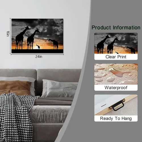 Vista 6 de Lienzo decorativo para pared, diseño de jirafas, diseño de paisaje de atardecer dorado de África, impresiones de animales en blanco y negro