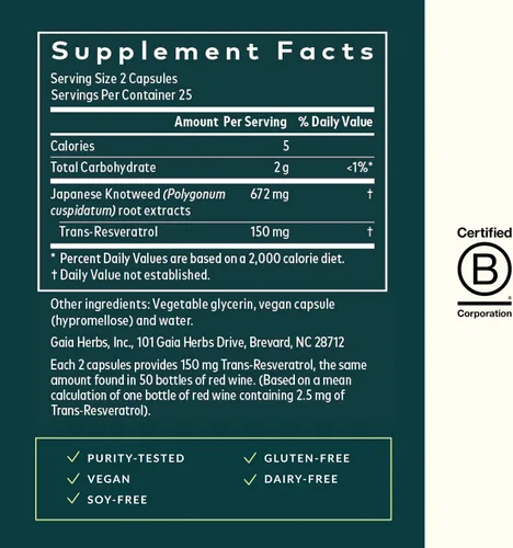 Vista 3 de Gaia Herbs Resveratrol - Suplemento antioxidante Beauty & Radiance - Hecho con Knotweed japonés - Contiene 150 mg de Trans-Resveratrol por porción