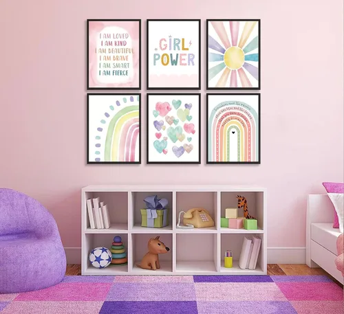 Vista 6 de 6 piezas de arte de pared rosa con diseño de arcoíris boho, patrón de corazón colorido, póster impreso, imágenes en lienzo para poder de niña