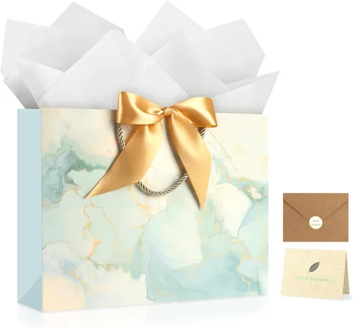 Vista 17 de JMANNI Bolsas de regalo, 3 piezas de tamaño mediano con cinta de lazo, bolsa de regalo de papel portátil, patrón de mármol, para cualquier ocasión