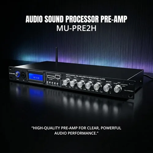 Vista 2 de MUSYSIC MU-PRE2H Procesador de sonido de audio profesional Pre-Amp Bluetooth, USB/SD, MP3/Aux, radio FM, modo de grabación Pantalla LCD digital