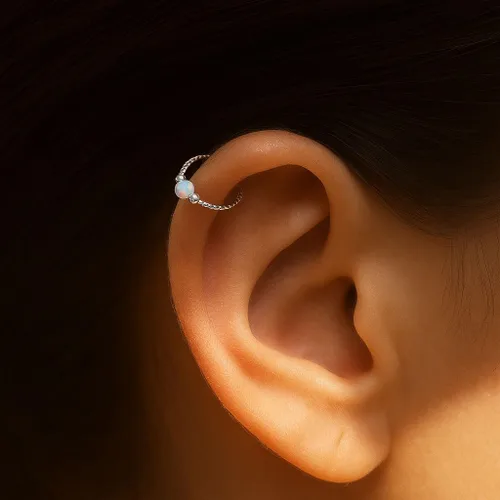 Vista 3 de Pendiente de cartílago – Anillo de plata de ley 20 G – Pendiente de cartílago ópalo blanco, aro de cartílago plateado
