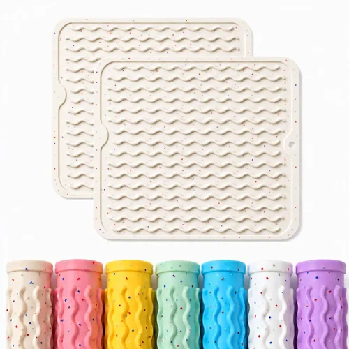Vista 19 de CAKETIME Paquete de 2 tapetes de secado de platos de silicona multicolor para encimera de cocina, comedor, manteles individuales resistentes al