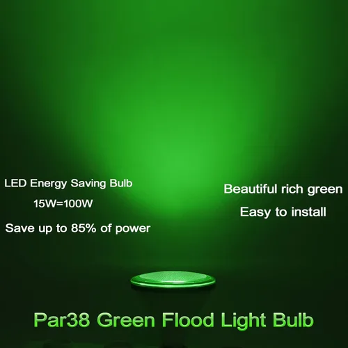 Vista 6 de Bombilla verde Par38 – 15 W (equivalente a 100 vatios) – Luces de inundación verdes E26, paquete de 2 unidades, decoración de fiestas, porche