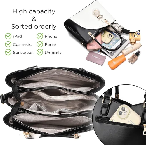 Vista 4 de I IHAYNER Bolsos de mano de cuero para mujer con asa superior, bolso de hombro grande con pompón