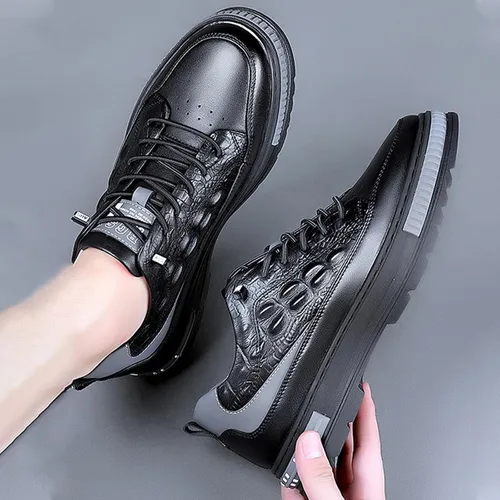 Vista 4 de Zapatos de piel de vaca impermeables con patrón de cocodrilo para hombre, levantamiento de altura, antideslizante, casual, suela suave, Oxford