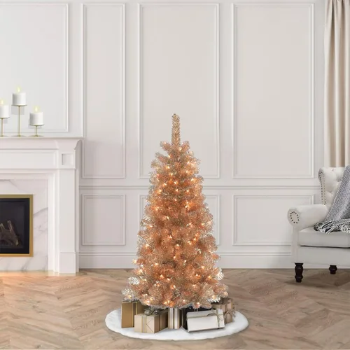 Vista 3 de Puleo International - Árbol de Navidad artificial preiluminado de 4.5 pies, color oro rosa, con 150 luces LED blancas cálidas