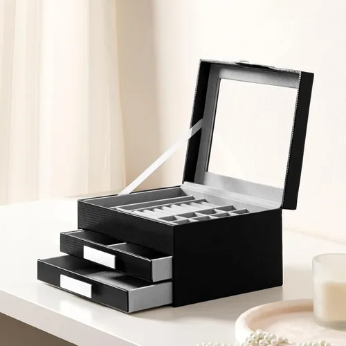 Vista 3 de Oyydecor Joyero con tapa de cristal organizador de joyas de piel sintética de 3 niveles con 2 cajones estuche de joyería portátil grande