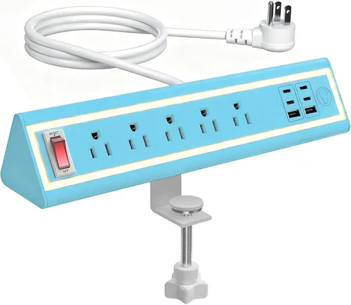 Vista 14 de Regleta de alimentación con abrazadera de escritorio con luz nocturna, carga rápida de 40 W, cable de extensión de 6 pies, USB-C de 4 x 20 W y 2