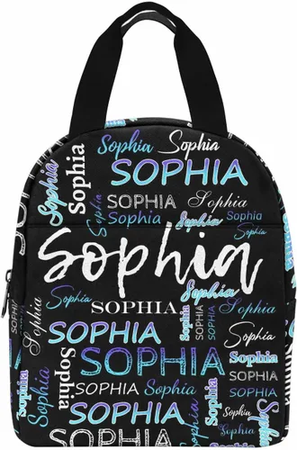 Vista 24 de InterestPrint Bolsa de almuerzo con nombre personalizado para hombres y mujeres, color rosa, blanco y negro, con lunares personalizados, enfriador