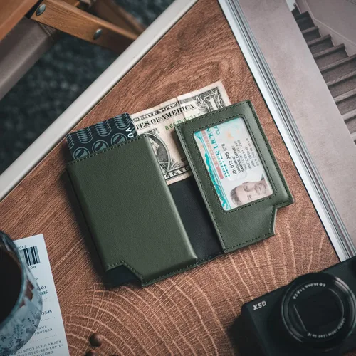 Vista 6 de VULKIT Cartera minimalista para hombre, tarjetero desplegable con bloqueo RFID, cierre magnético, billetera de cuero con ventana de identificación