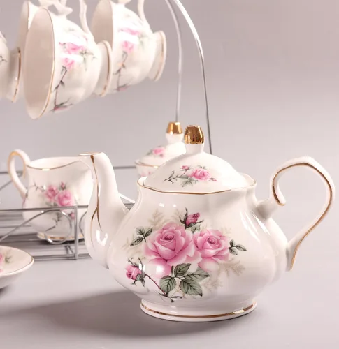 Vista 4 de Juego de tazas de café europeas de China de 15 piezas, juego de tazas de té de porcelana de cerámica con soporte de metal, juegos de regalo de té