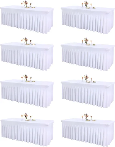 Vista 12 de Paquete de 2 manteles color azul bebé para mesa rectangular de 4 pies, manteles de elastano elásticos de 4 pies, falda blanca rectangular para baby