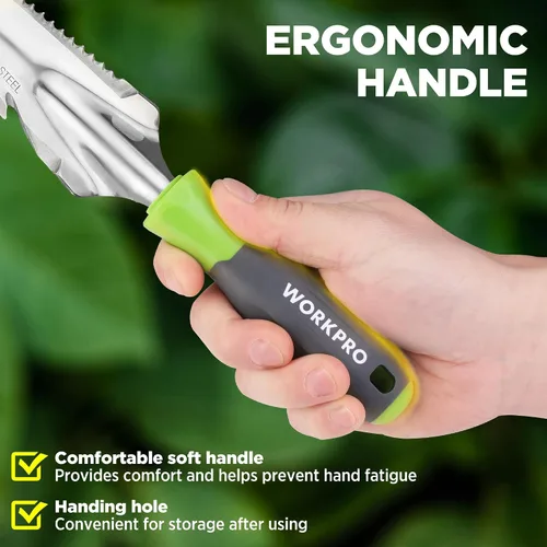 Vista 4 de WORKPRO Extractor de malezas manual, pala de jardín de acero inoxidable de 5 en 1 con mango suave, herramienta de jardinería para fácil remoción