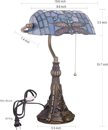 Vista 6 de Tiffany Banker Lámpara Pequeña Lámpara De Mesa De Vidriera Azul Mar Libélula Estilo Libélula Azul Mar