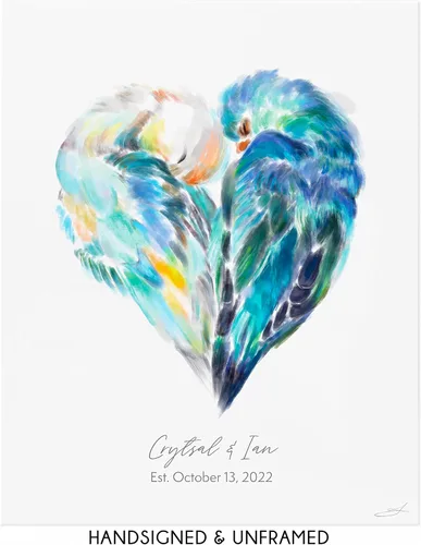 Vista 7 de Triple Studio Regalo de boda personalizado, impresión artística de pájaro con nombre y fecha personalizados, celebración de aniversario para novio