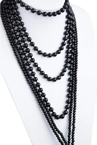Vista 6 de Collar de perlas para mujer, collar largo de perlas sintéticas en capas, collar de disfraz (negro, talla única)