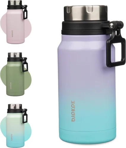 Vista 19 de BJPKPK Botella de agua aislada de 24 onzas con asa, sin BPA, botella térmica de viaje de acero inoxidable reutilizable, botella de agua grande, Negro