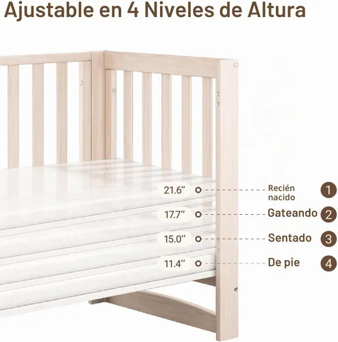 Vista 5 de MAMAZING EvoNest - Mini cuna convertible 6 en 1 con ruedas GREENGUARD Gold Certified, New Zealand Pine Wood, 4 Adjustable Heights, Rocking Mode