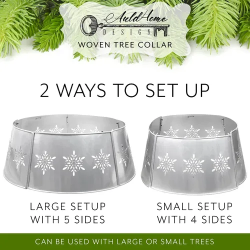 Vista 3 de AuldHome Design Collar de árbol estilo granja con copos de nieve (base de 29 pulgadas de diámetro, plateado), esmaltado vintage, adorno para árbol