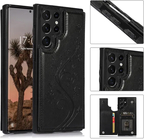 Vista 3 de Asuwish Funda para Samsung Galaxy S22 Ultra con protector de pantalla de vidrio templado, funda de cuero con soporte para tarjetas, doble cierre