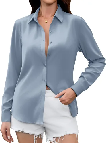 Vista 9 de Camisas Premium de Seda Satinada Suave y Transpirable con Botones para Mujer, Blusas de Manga Larga, Tops de Trabajo Casuales